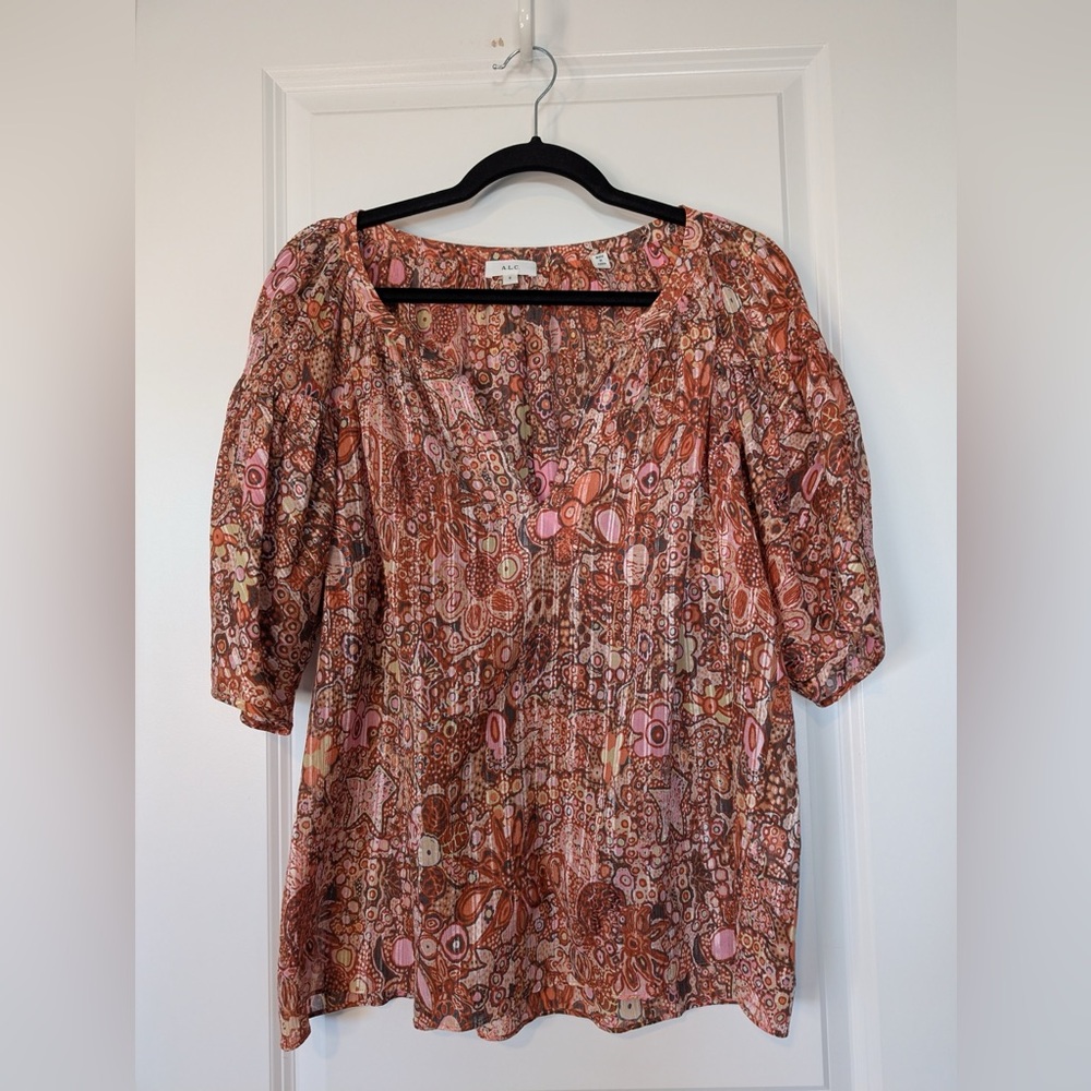 A.L.C. Women’s Cotton Silk Juliana Floral Orange Sheer Short Sleeve Blouse Sz 8